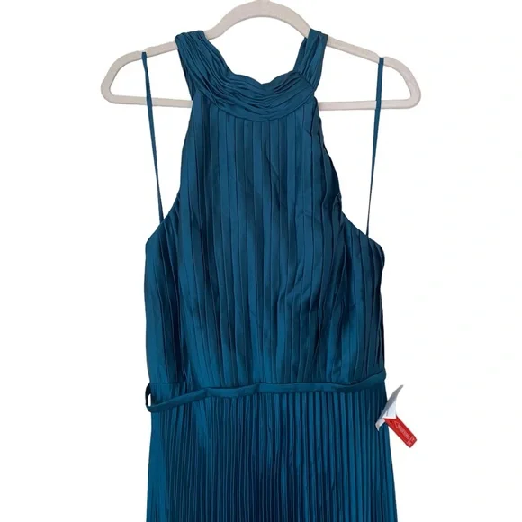 Ieena Mac Duggal Teal Satin Halter Neck Bow Pleated Sleeveless Midi Dress Size 8 - Picture 3 of 7